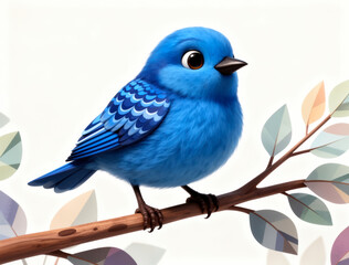 Obraz premium Playful Blue Cartoon Bird Perched on Red-Brown Branch with Gradient Wings, Abstract Leaves, Symbolizing Freedom, Joy, and Creative Inspiration