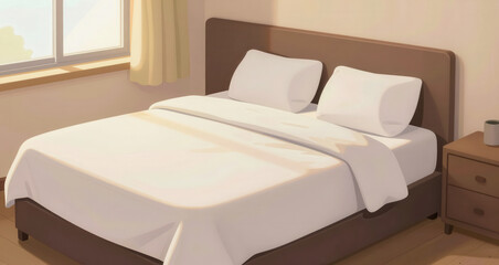 Cozy bedroom scene with perfectly made bed and soft natural light pouring in through the window highlighting the clean white bedding and brown furniture in a serene and inviting atmosphere every singl