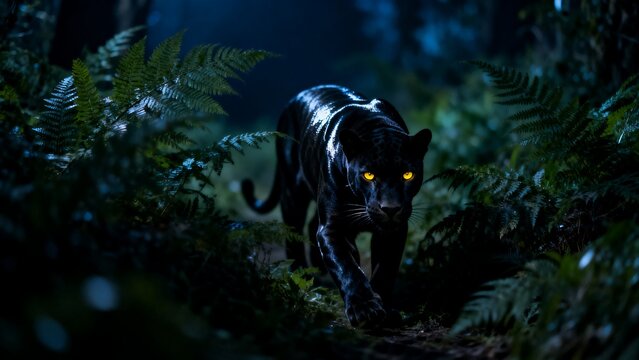 Black Panther prowling through the dark jungle at night with glowing yellow eyes, cinematic wildlife photography