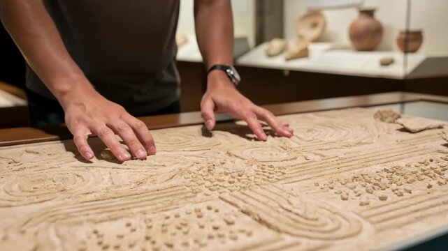 Medium shot of a visitors hands exploring textured surfaces on an interactive haptic learning table with blurred archaeological artifacts in the background.