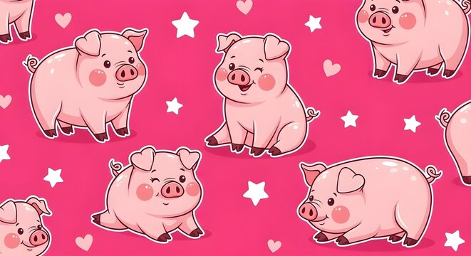 seamless pattern with cute pigs on hot pink background
