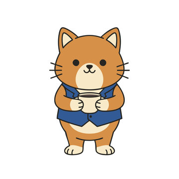 This adorable friendly orange cartoon cat Illustration standing upright, wearing a professional blue vest and holding a warm mug of coffee or tea, suitable for mascot designs and business