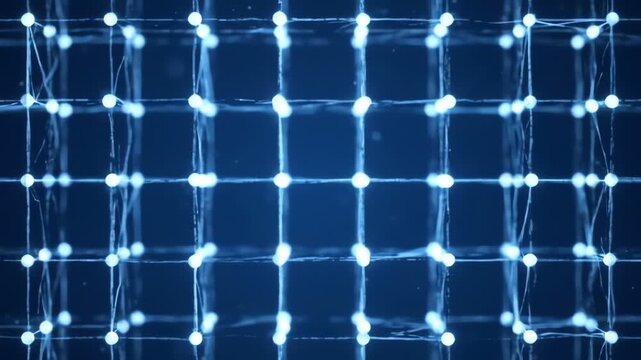 Futuristic cubic network dots connected by lines forming a complex structure. Abstract, geometric. Concept of data, technology, science, engineering.