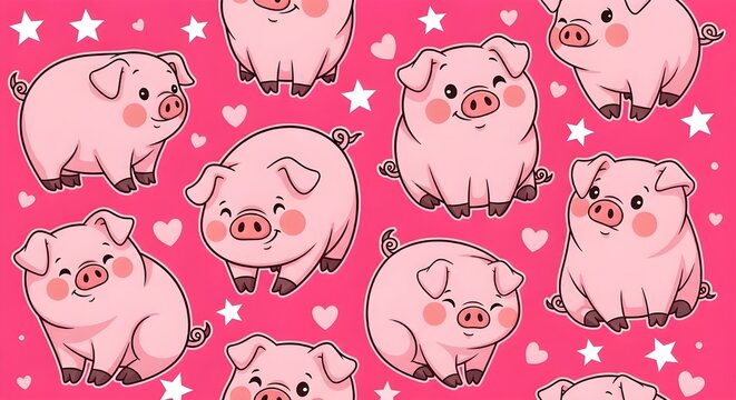 seamless pattern with cute pigs on hot pink background