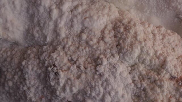 Close-up of natural pink salt formations inside a salt cave, showing mineral textures and crystalline surfaces. Geological detail of underground environment and natural deposits.