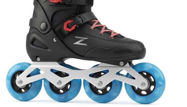 Technical profile shot of a black inline skate with blue polyurethane wheels isolated on white. Highlights the rugged boot design and metallic frame.