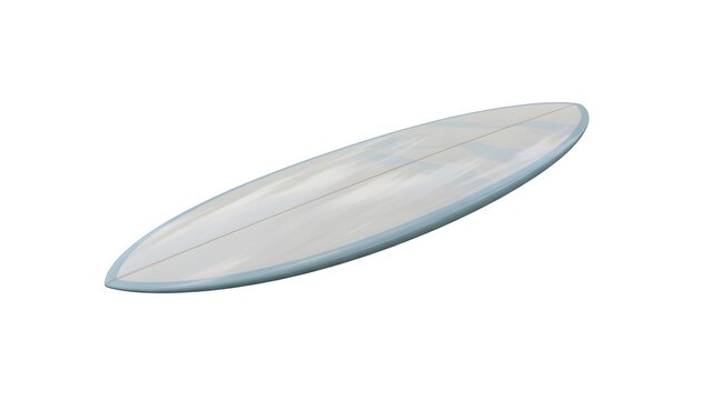 Minimalist studio shot of a white and light blue surfboard isolated on white. Soft lighting captures the smooth fiberglass texture and sleek hydrodynamic curve.