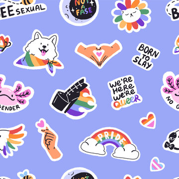 Repeatable pattern of Pride Month signs, phrases and LGBT community. Endless background of cute characters, rainbow flags, symbols of queer love, heart gestures. Flat seamless vector illustration