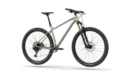 Fototapeta premium High-definition profile shot of a grey mountain bike isolated on white. Detailed rendering emphasizes the robust frame, suspension fork, and knobby tires for outdoor cycling.
