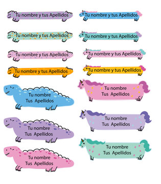 Editable and printable school labels set of dinosaur and unicorn illustrations