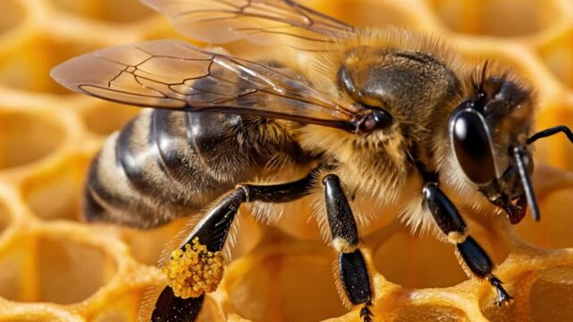 Extreme close-up of a bee on a yellow honeycomb structure. Great for nature documentaries, environmental, and science education videos.