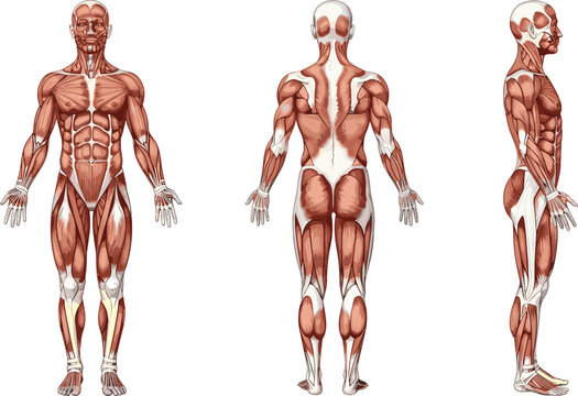 Human muscular system anatomy illustration showing front back and side views, detailed muscle groups diagram, medical fitness education poster isolated