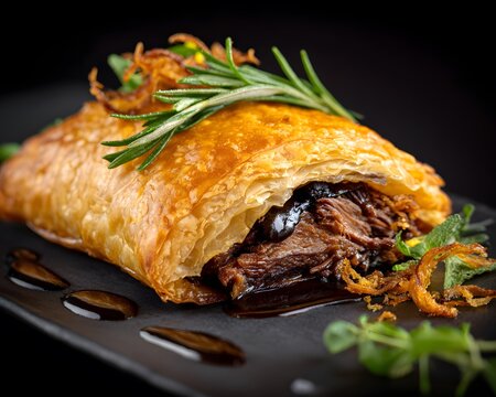 Golden buttery puff pastry wrap succulent filling of slow braised dark chocolate stained duck leg finished vibrant sprinkling of crispy fried shallot clean professional stock photo sharp macro