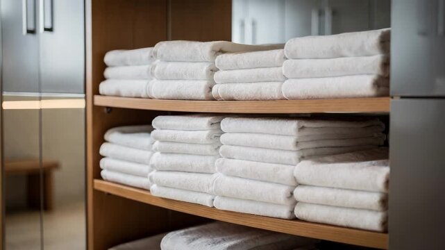 Focused medium shot of folded white towels stacked on wooden shelves with outoffocus benches and lockers framing the serene atmosphere in a upscale locker room.
