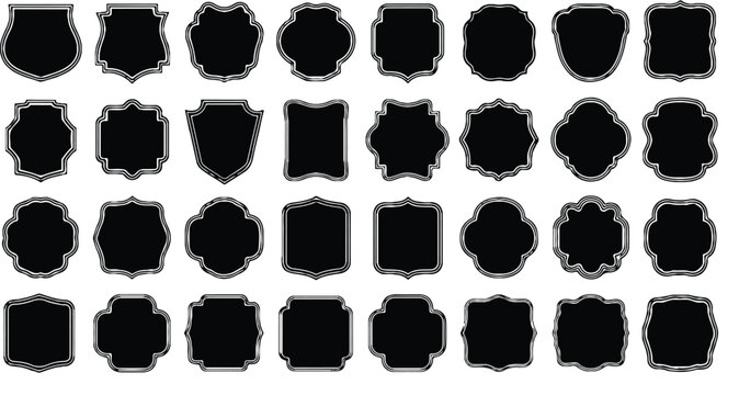 Black decorative label silhouettes, vintage frame shapes, retro outline badge, ornate geometric borders, empty tag design graphics, shield elegant royal crest emblem, retro sticker. Vector set