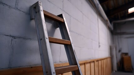 A metal and wood ladder leans against a textured concrete block wall in an industrial interior space