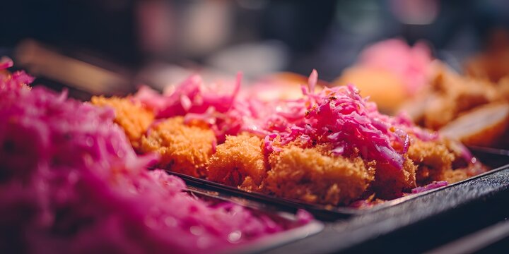 Bustling street food market Tokyo succulent Tonkatsu bit carefully arranged within crispy Tempura batter topped vibrant pink Slaw made pickled pink radish clean professional stock photo sharp macro