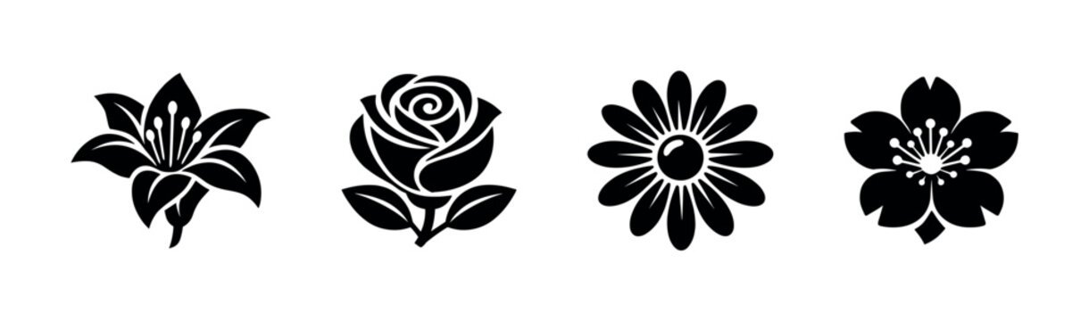 Set of four flowers silhouettes in black and white, flat vector illustration