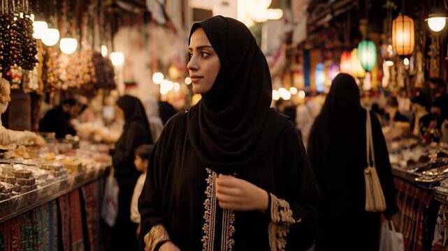 A young woman wearing a traditional black abaya and hijab walks confidently through a bustling, vibrant, and brightly lit traditional Middle Eastern marketplace during the evening hours.