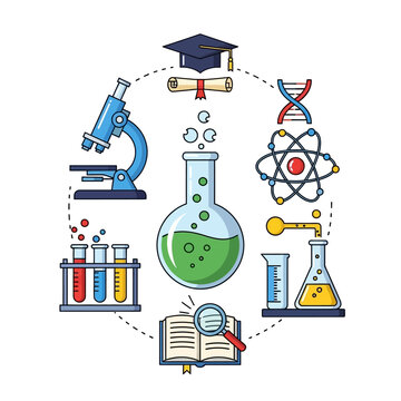 Science Education and Research Icons: DNA, Microscope, Flasks, Graduation Cap
