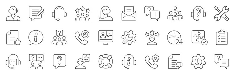Naklejka na ściany i meble Customer service thin line icons set. Assistance, question, operator, support icon. Editable stroke. Vector illustration