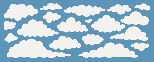 Fototapeta premium Illustration of white clouds on light blue background. Cloud dancer and blue colors. Differend cloudy form. Print for kids, banner design. Cloud template, fluffy simple white. Cute vector.