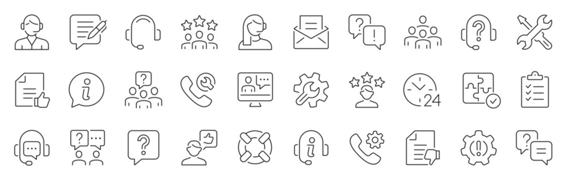 Customer service thin line icons set. Assistance, question, operator, support icon. Editable stroke. Vector illustration