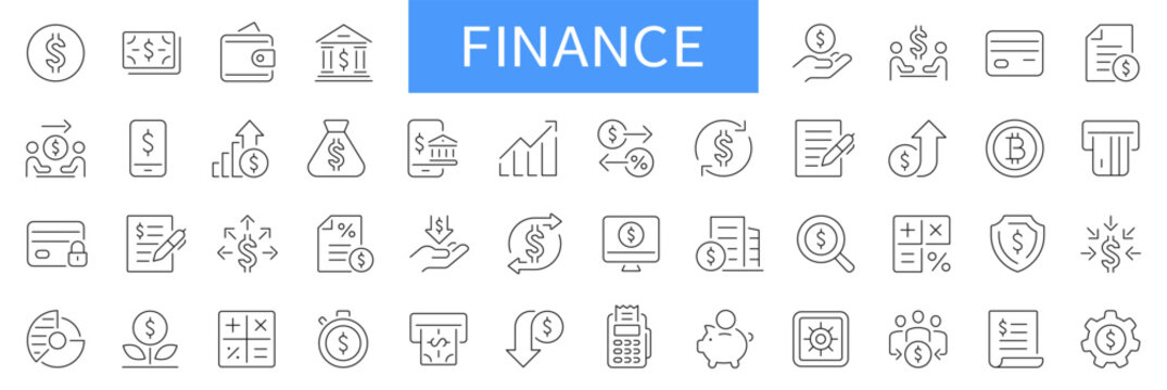 Finance thin line icons set. Money, finance, profit, investment, bank icon. Editable stroke. Vector