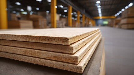 A close up view of a neatly stacked pile of raw wooden boards or plywood in an industrial warehouse environment