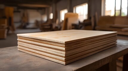 Fototapeta premium A stack of natural plywood sheets neatly arranged on a workbench in a woodworking workshop