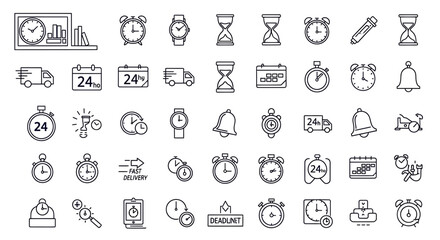 Vector clock and time management icons, line style, for business or productivity, isolated on transparent background, png