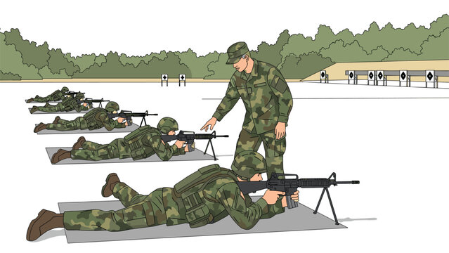 Soldiers in camouflage uniforms practice shooting rifles while lying on mats at an outdoor military training range with an instructor.