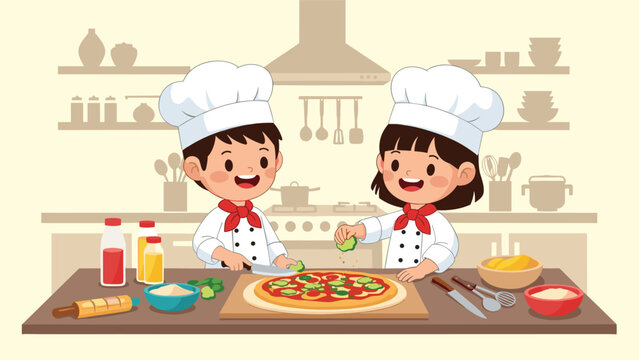 Two adorable young children dressed as chefs happily prepare a pizza with various toppings in a well equipped kitchen.