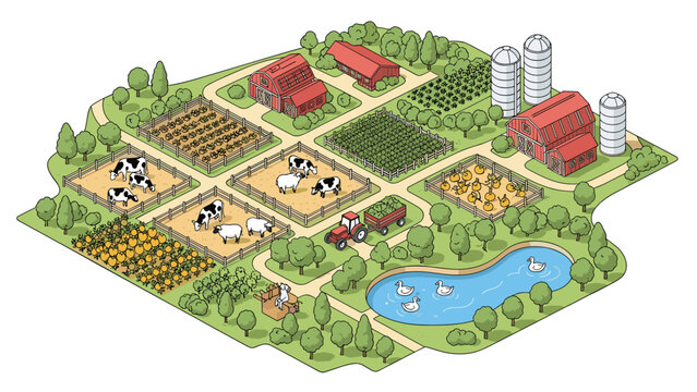 Detailed isometric map of a working farm showing red barns, silos, crop fields, livestock pens, a duck pond, and a red tractor in use.
