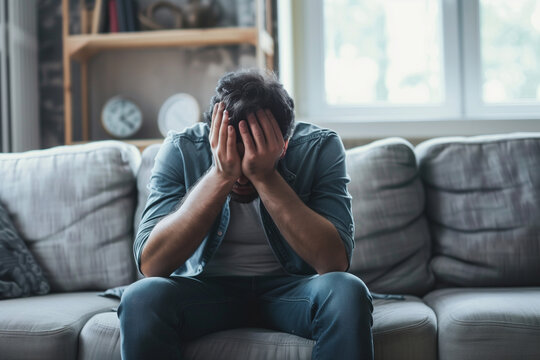 Young man sitting on couch feeling overwhelmed and stressed. Mental health, anxiety, burnout and depression concept in modern home interior.