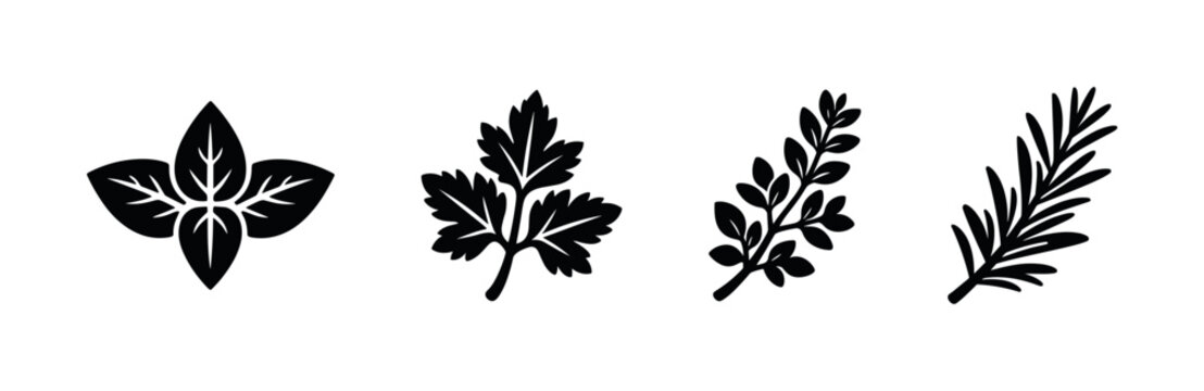 Herbs and leaves silhouette collection, flat vector illustration
