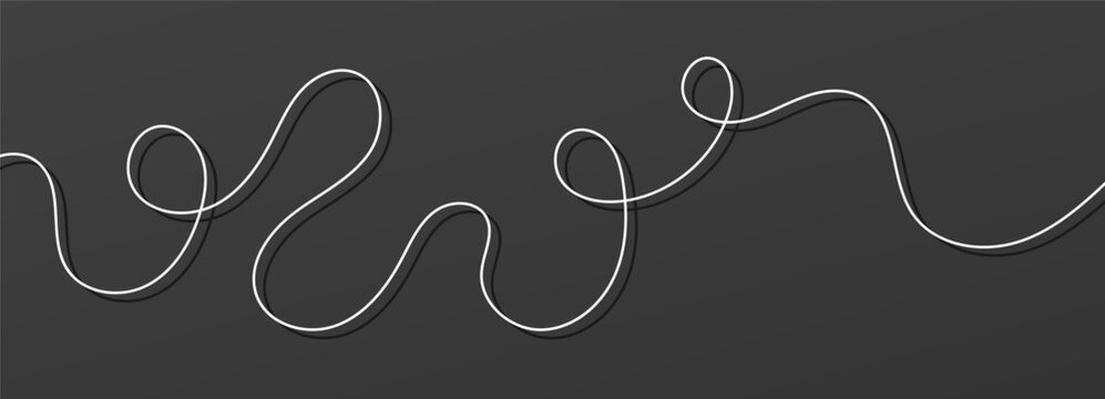 Line continuous cable and squiggle white tangle on dark background with shadow. Pattern wave thick with background knot decor and sewing abstract doodle.