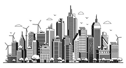Fototapeta premium Sustainable green city skyline with wind turbines and solar panels.
