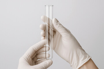 Gloved hands holding a laboratory test tube on a sterile medical background, clean professional scene ideal for scientific research, diagnostics, biotechnology, and healthcare branding.
