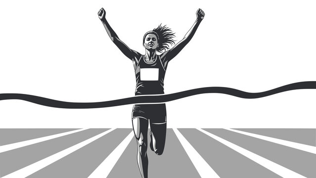 Woman runner crossing the finish line. Silhouette of athletic looking female runner running. Transparent background PNG version.