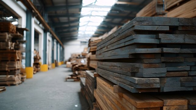Stacks of raw lumber are neatly piled inside a vast dimly lit industrial warehouse awaiting processing or distribution