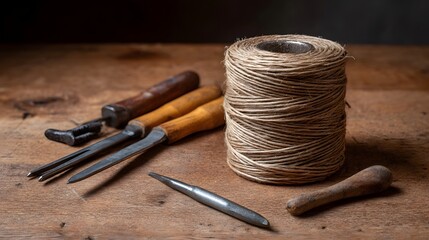 A spool of natural twine rests beside a collection of vintage crafting tools on a rustic wooden table