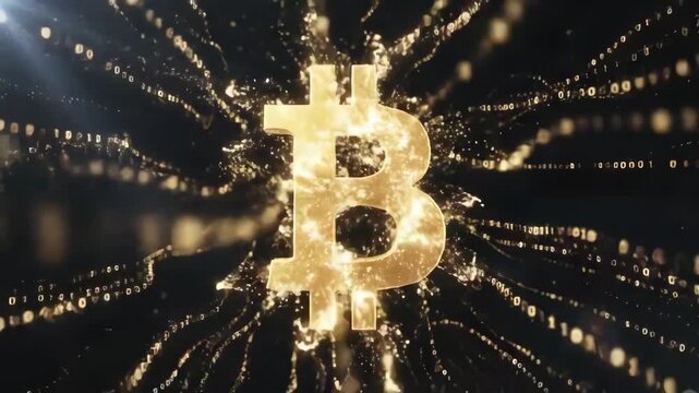Bitcoin explosion with golden sparks and cryptocurrency symbols in a dark environment from a central viewpoint