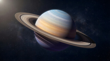 Naklejka premium Majestic planet Saturn with its impressive rings illuminated by distant sunlight against a backdrop of countless stars in the vast cosmic expanse