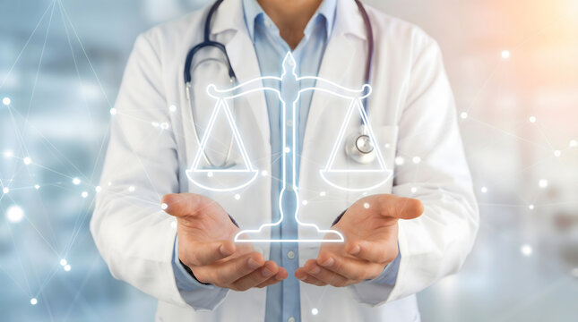 Medical professional in white lab coat holds glowing scales of justice icon representing healthcare ethics and law on bright abstract background