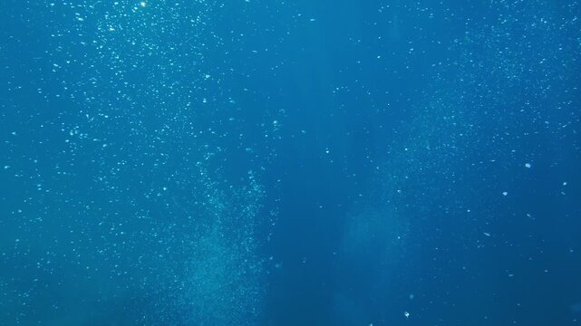 Super slow-motion shot of countless air bubbles floating upward through clear blue ocean water, creating an atmospheric and calming underwater background.