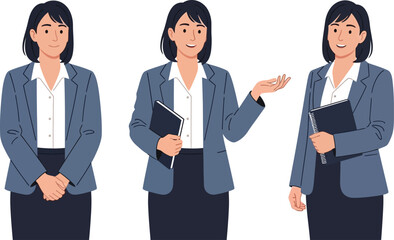 A vector graphic illustration of a businesswoman in three different poses, conveying professionalism and confidence.