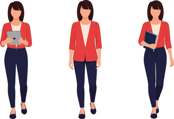 Fototapeta premium A vector graphic illustration of a businesswoman in different poses, showcasing her professional and modern style.