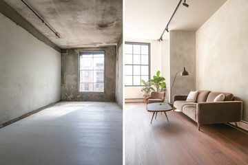 Fototapeta premium Before and after interior renovation – transformation of a room