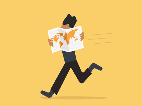 Man paying close attension to world map and running illustration